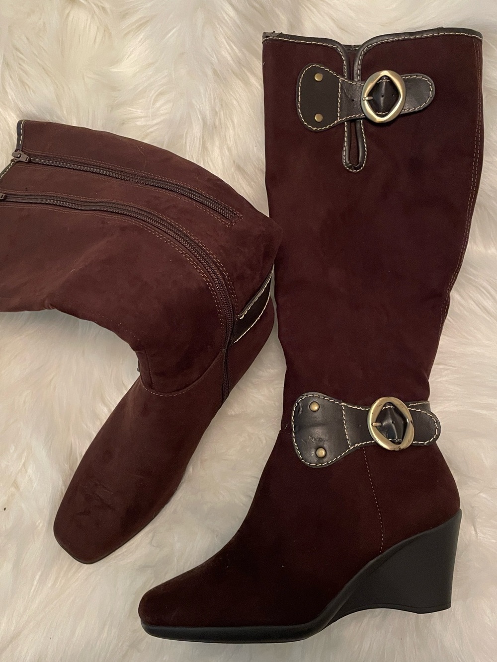 NWOT Aerosoles - Brown, Faux Suede Wedge Tall Boot w/ Expandable Zip Gusset – 7
